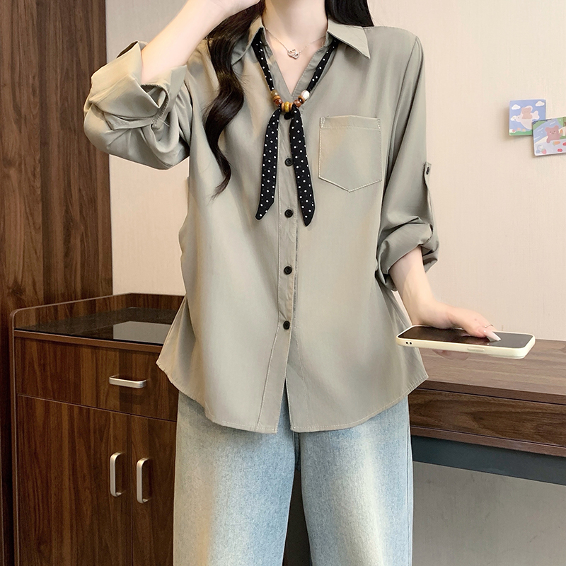 Plus Size Women's Elegant Tie Neck Shirt 2026 Fall Knit Blouse - Image 4