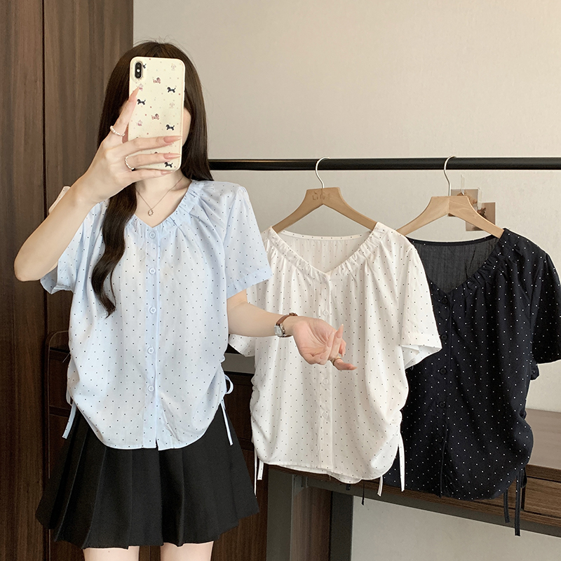 Plus Size Women's V-Neck Polka Dot Drawstring Short Sleeve Top Summer 2026