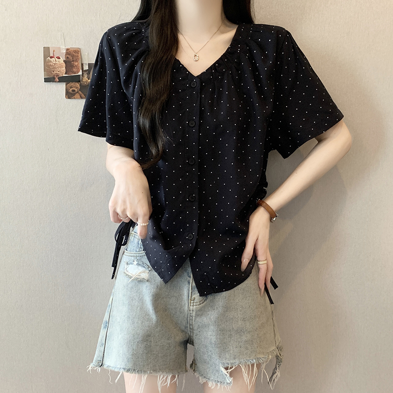 Plus Size Women's V-Neck Polka Dot Drawstring Short Sleeve Top Summer 2026 - Image 2