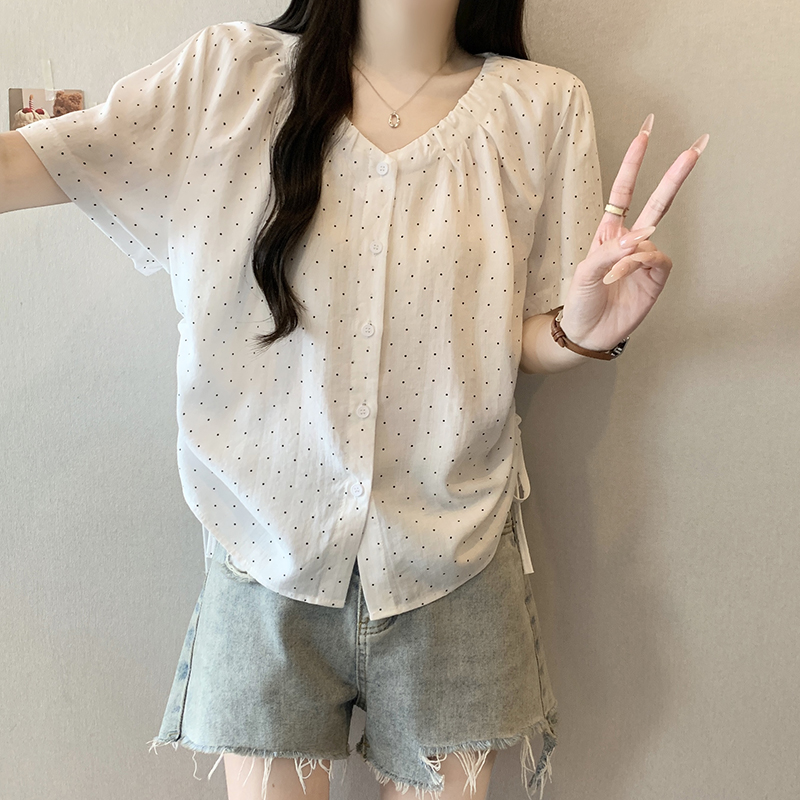Plus Size Women's V-Neck Polka Dot Drawstring Short Sleeve Top Summer 2026 - Image 5