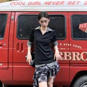 Spring Summer Preppy Plaid Patchwork Polo Short Sleeve Top