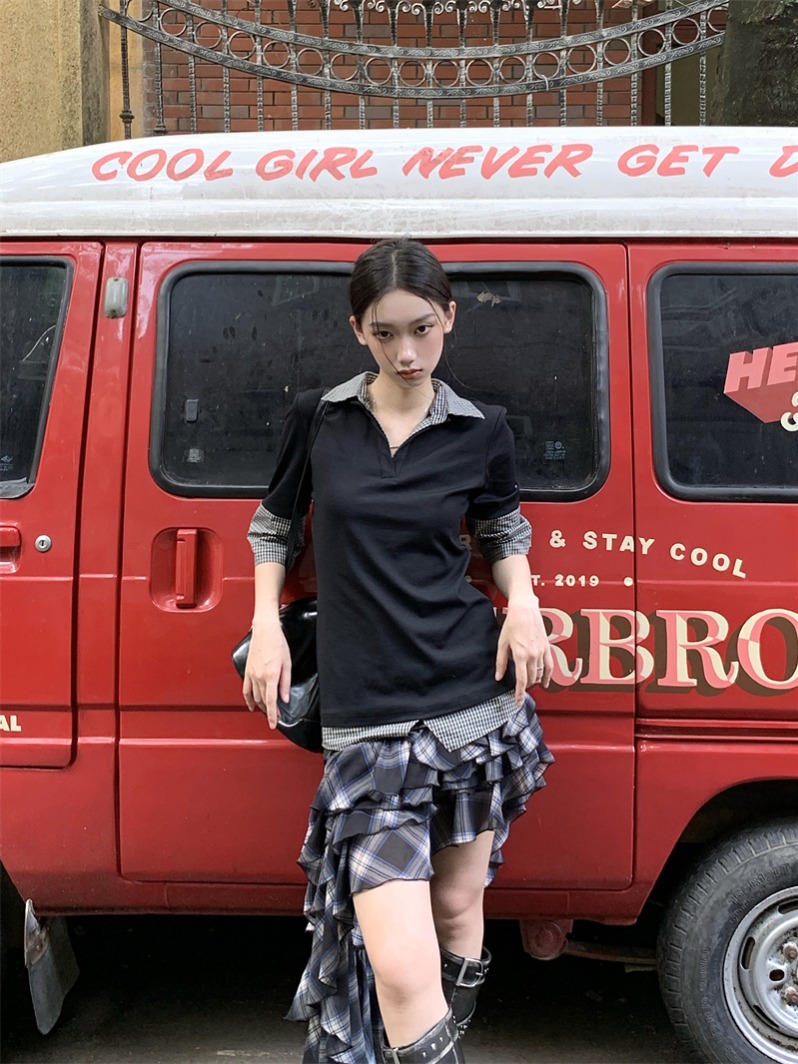 Spring Summer Preppy Plaid Patchwork Polo Short Sleeve Top