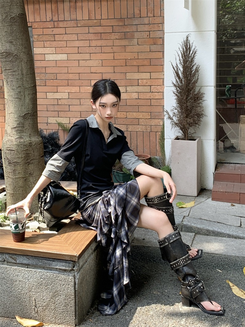 Spring Summer Preppy Plaid Patchwork Polo Short Sleeve Top - Image 3