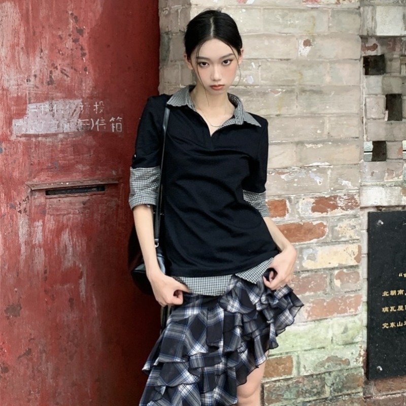 Spring Summer Preppy Plaid Patchwork Polo Short Sleeve Top - Image 5