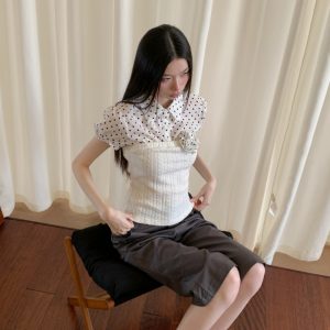 White Polka Dot Puff Sleeve Knit Mock Layer Tube Top Short Sleeve Shirt