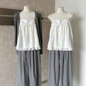 Women's 3-Piece Sun Protection Cardigan Lace Cami Top Wide-Leg Plaid Pants Set