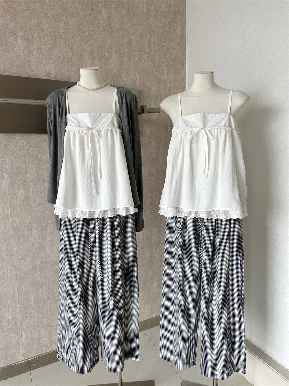 Women's 3-Piece Sun Protection Cardigan Lace Cami Top Wide-Leg Plaid Pants Set
