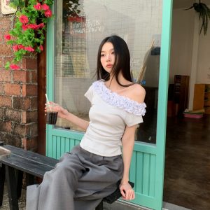 Women's Asymmetric One-Shoulder T-Shirt with Layered Ruffle Trim Short Sleeve Top