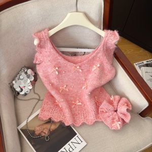 Women's Beaded Bow Knit Vest Sleeveless Pullover Top
