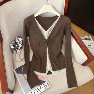 Women's Faux Two-Piece Knit Long Sleeve Top Retro Distressed Sweet Cool Pullover - Style 6637fa