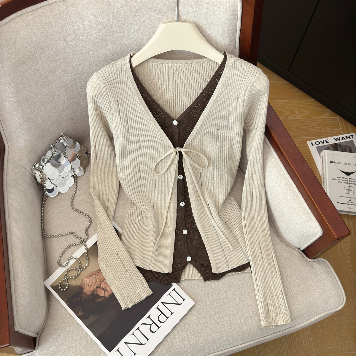 Women's Faux Two-Piece Knit Long Sleeve Top Retro Distressed Sweet Cool Pullover - Style 6637fa - Image 2