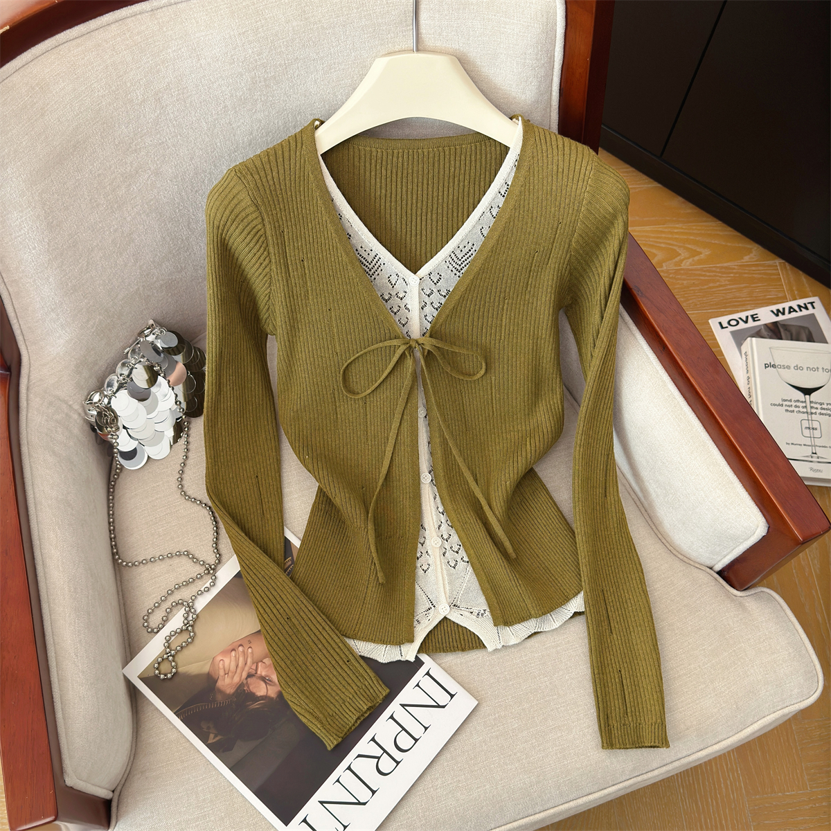 Women's Faux Two-Piece Knit Long Sleeve Top Retro Distressed Sweet Cool Pullover - Style 6637fa - Image 3
