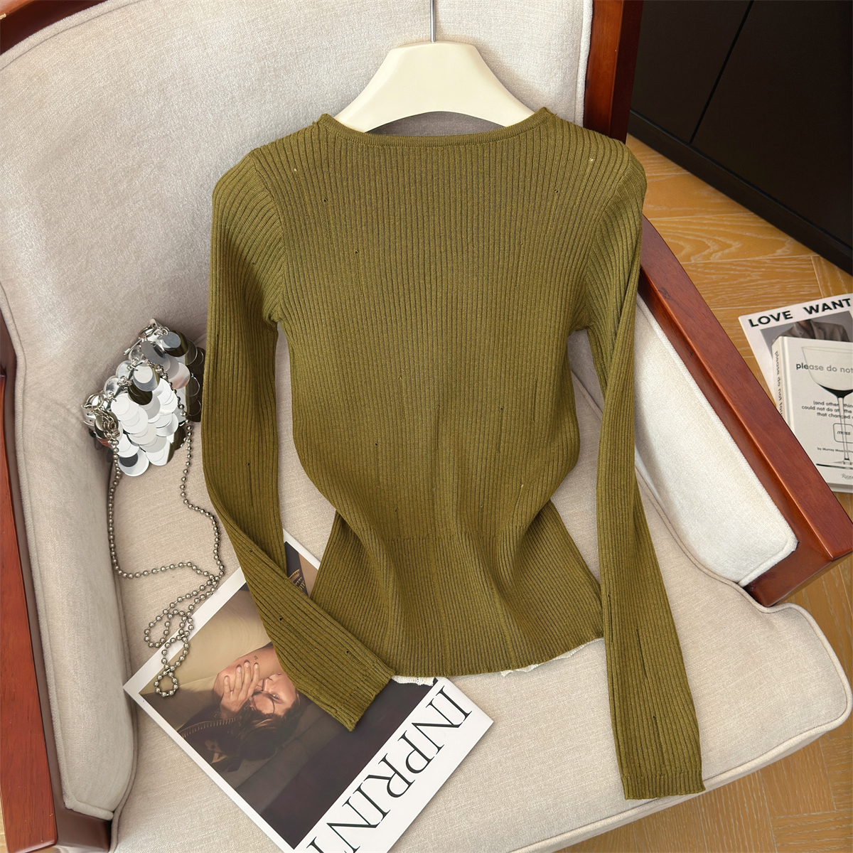Women's Faux Two-Piece Knit Long Sleeve Top Retro Distressed Sweet Cool Pullover - Style 6637fa - Image 5