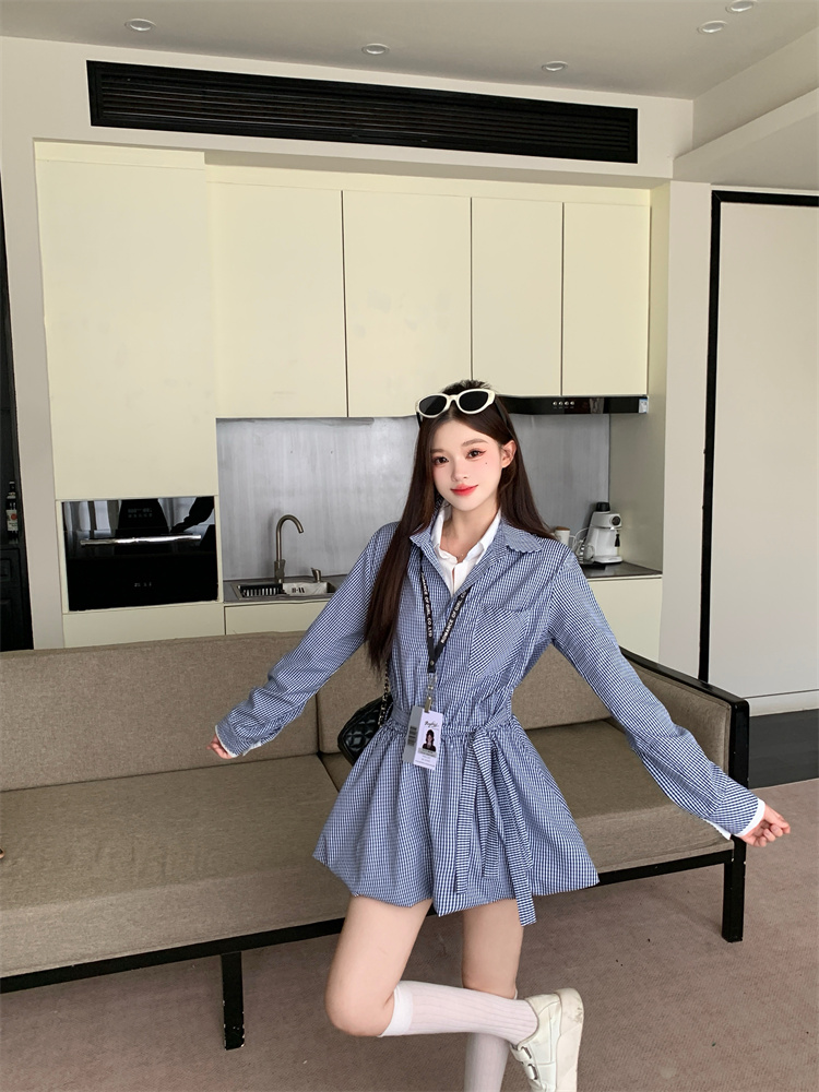 Women's Preppy A-Line Shirt Dress with Belted Waist and Long Sleeves - Image 2