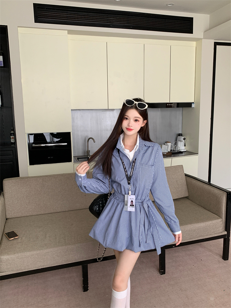 Women's Preppy A-Line Shirt Dress with Belted Waist and Long Sleeves - Image 3