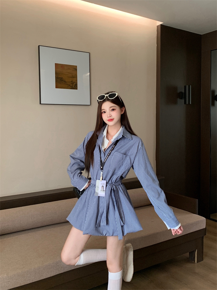 Women's Preppy A-Line Shirt Dress with Belted Waist and Long Sleeves - Image 4