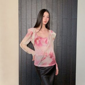 Women's Printed Mesh Top with Draped Neck and Puff Sleeves Spring Base Layer