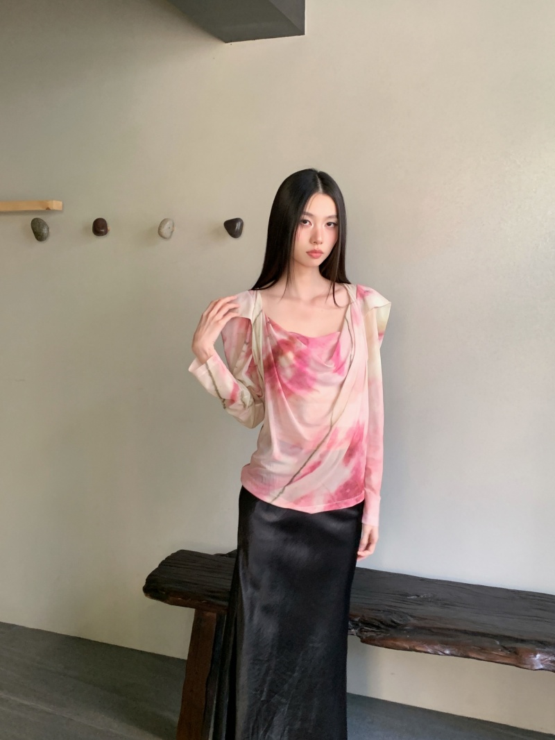 Women's Printed Mesh Top with Draped Neck and Puff Sleeves Spring Base Layer - Image 4