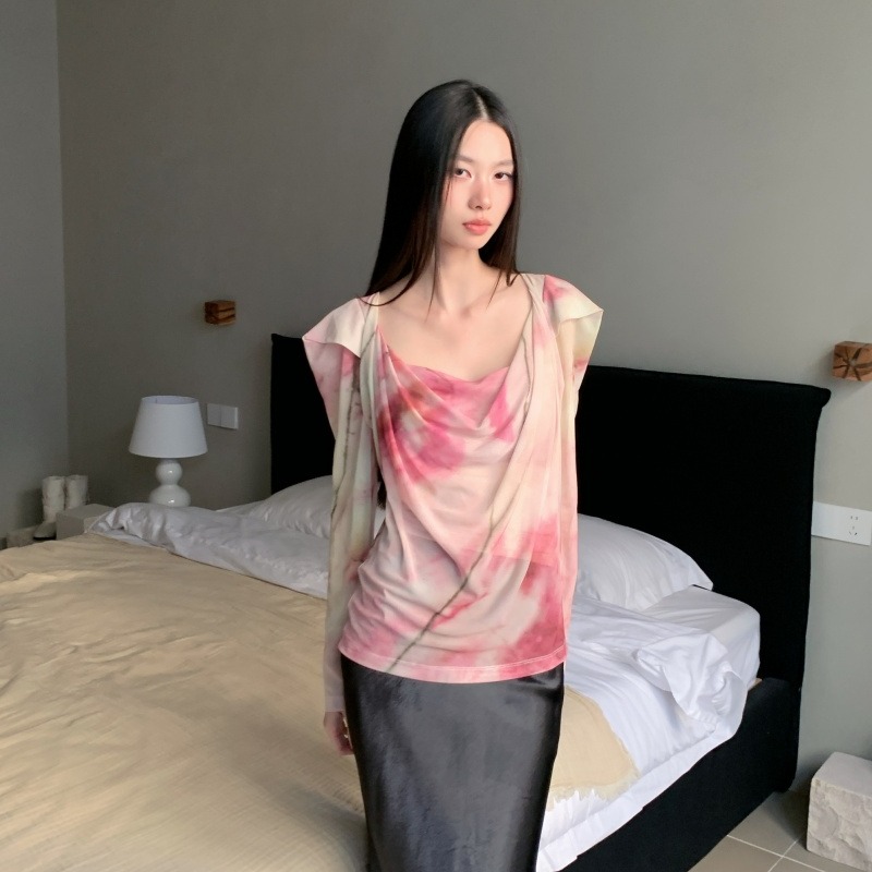 Women's Printed Mesh Top with Draped Neck and Puff Sleeves Spring Base Layer - Image 5