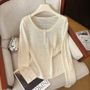 Women's Retro Knit Sweater Half Open Collar Long Sleeve Loose Fit Top
