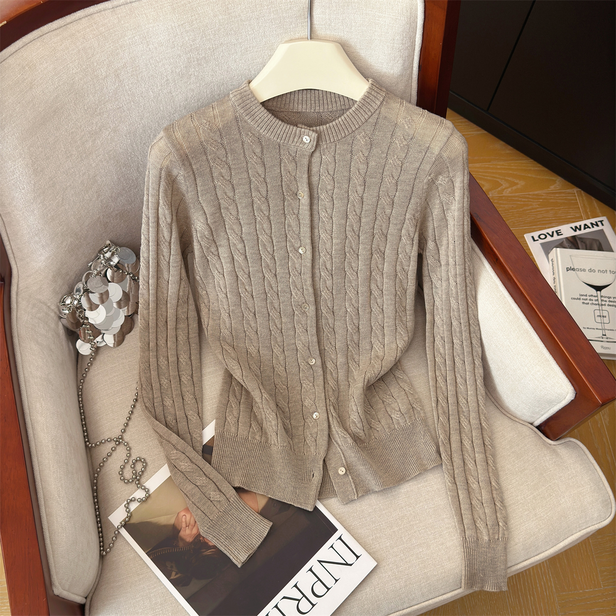 Women's Ribbed Cable Knit Cardigan Korean Style Long Sleeve - Style 66373f