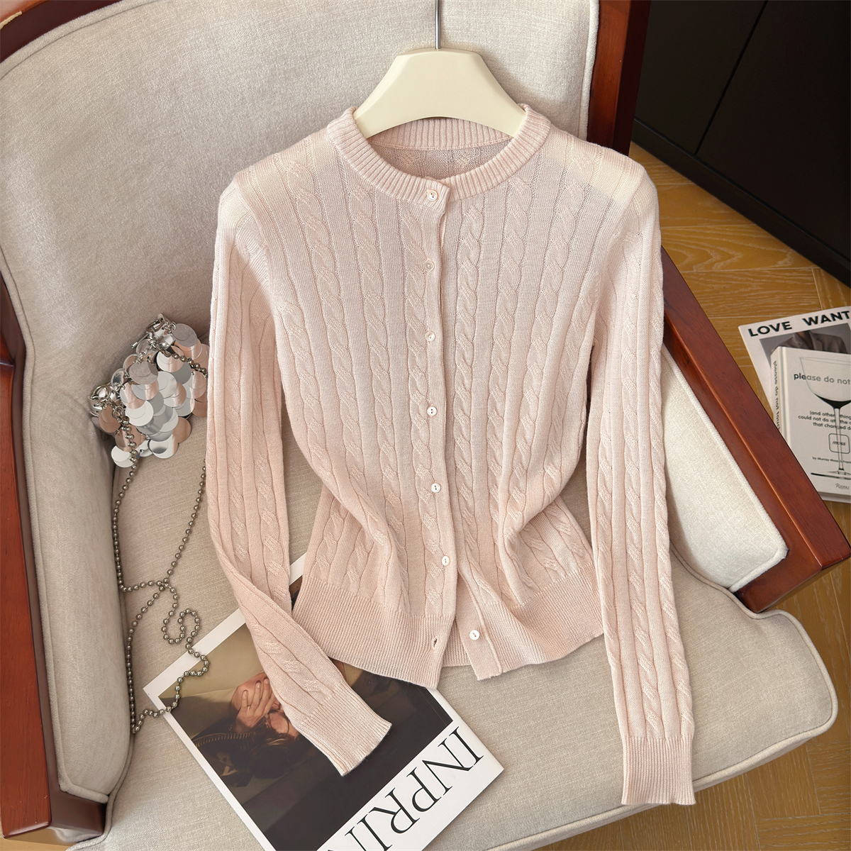 Women's Ribbed Cable Knit Cardigan Korean Style Long Sleeve - Style 66373f - Image 2