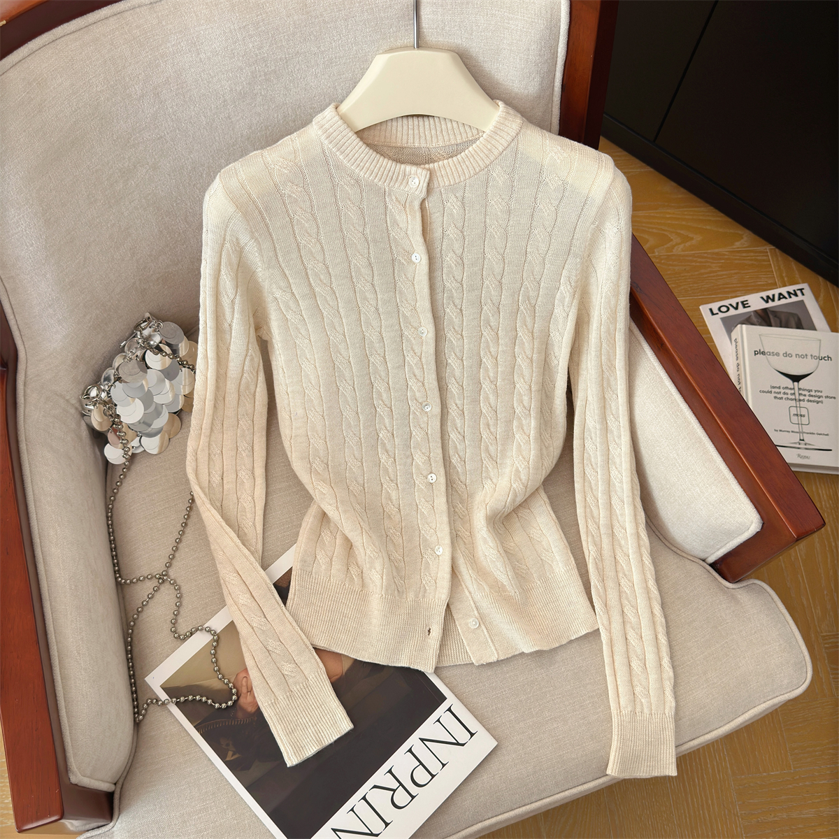 Women's Ribbed Cable Knit Cardigan Korean Style Long Sleeve - Style 66373f - Image 3