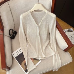 Women's V-Neck Knit Top Long Sleeve Slimming Pullover Retro Style