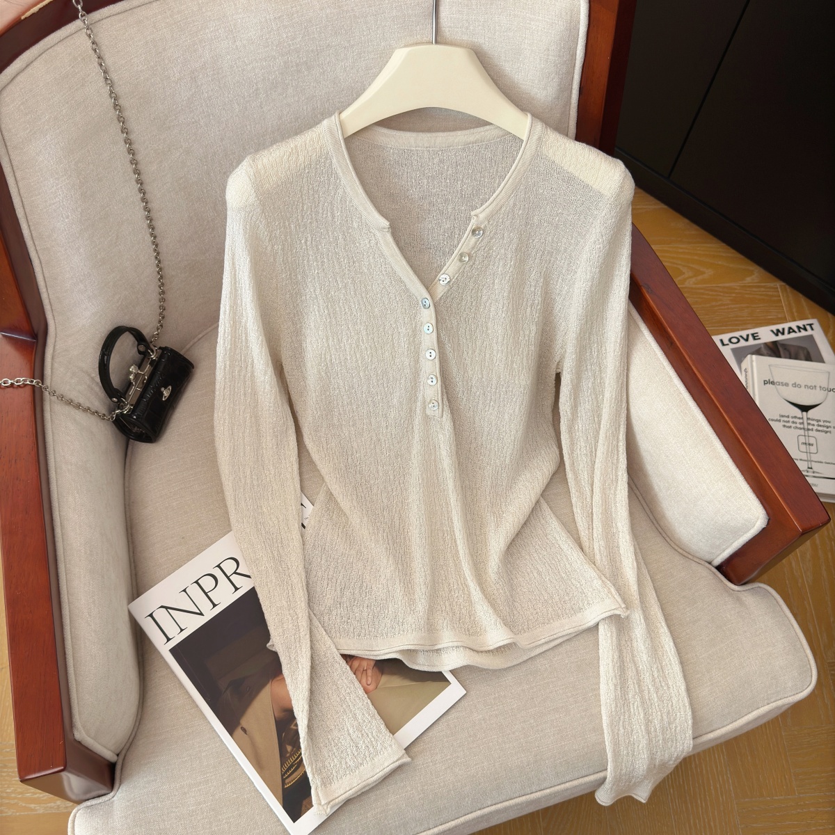 Women's V-Neck Knit Top Long Sleeve Slimming Pullover Retro Style