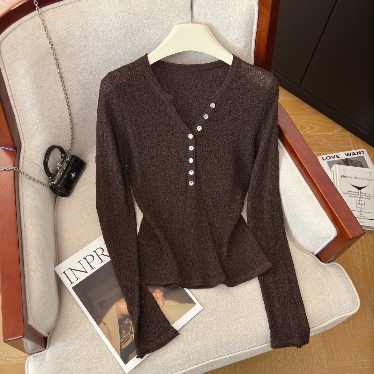 Women's V-Neck Knit Top Long Sleeve Slimming Pullover Retro Style - Image 2