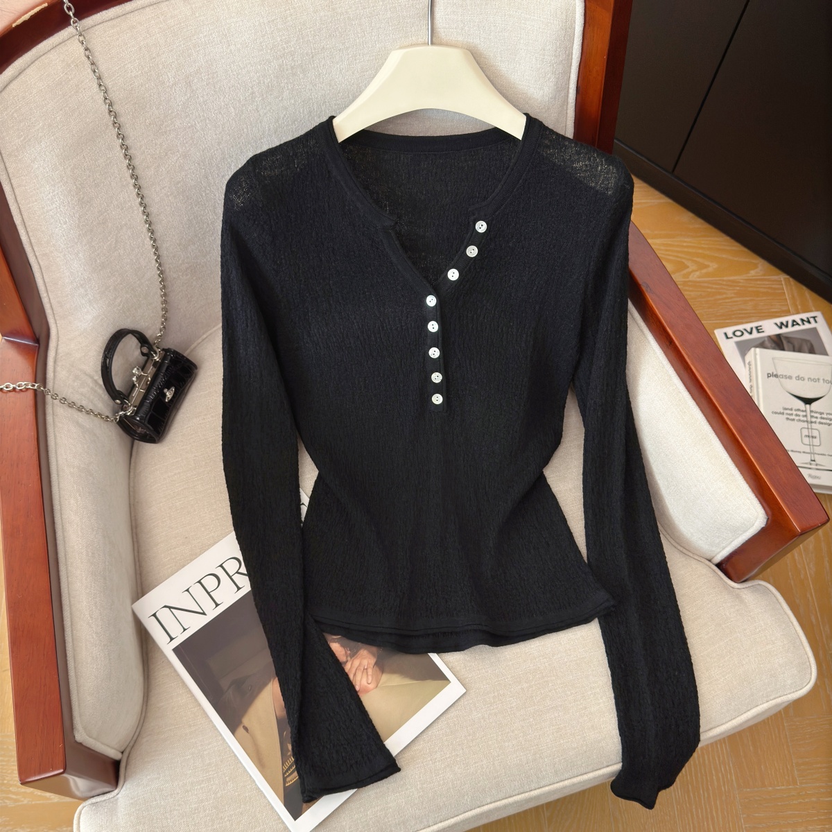 Women's V-Neck Knit Top Long Sleeve Slimming Pullover Retro Style - Image 3
