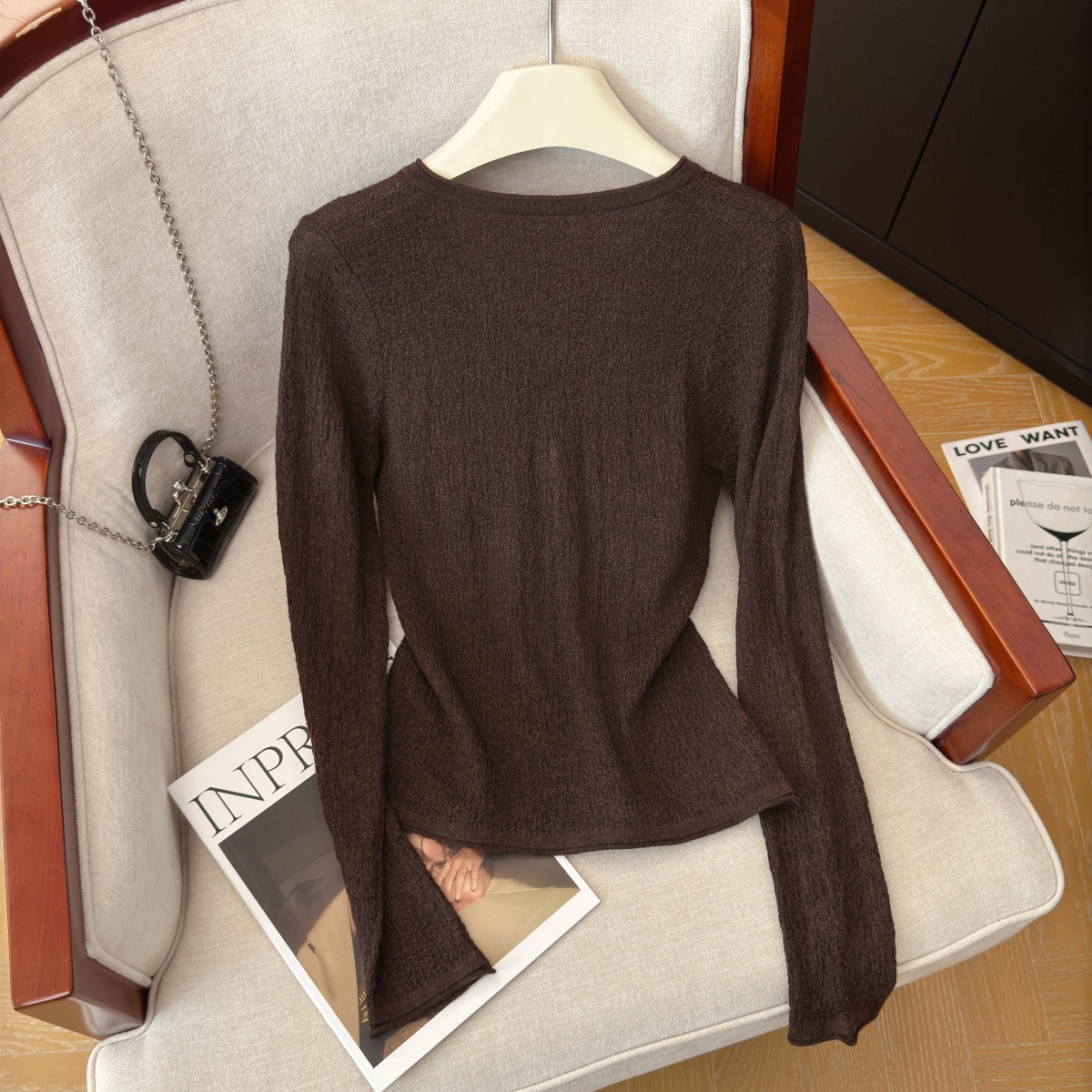 Women's V-Neck Knit Top Long Sleeve Slimming Pullover Retro Style - Image 5